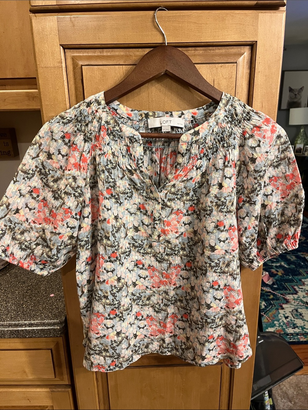 LOFT Coral Multi Floral Smocked-Neck Puff Sleeve Blouse Petite Small